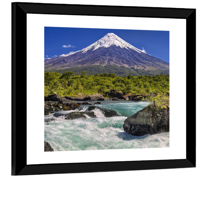 Osorno Volcano Over Petrohue Rapids Wall Art as a framed print