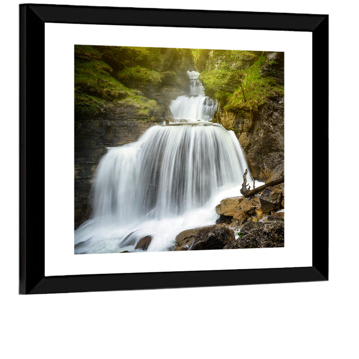 White Cascade Over Mossy Rocks Wall Art as a framed print