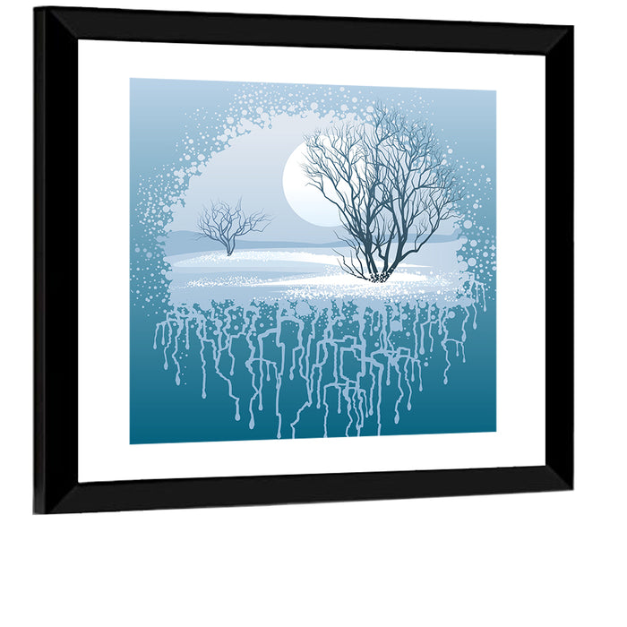 Moonlit Winter Tree Illustration Wall Art as a framed print