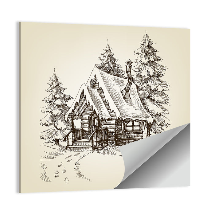 Snowy Log Cabin Illustration Wall Art as a poster print