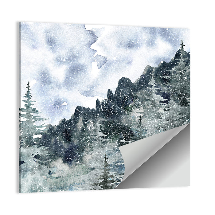 Snowfall Mountain Forest Illustration Wall Art as a poster print