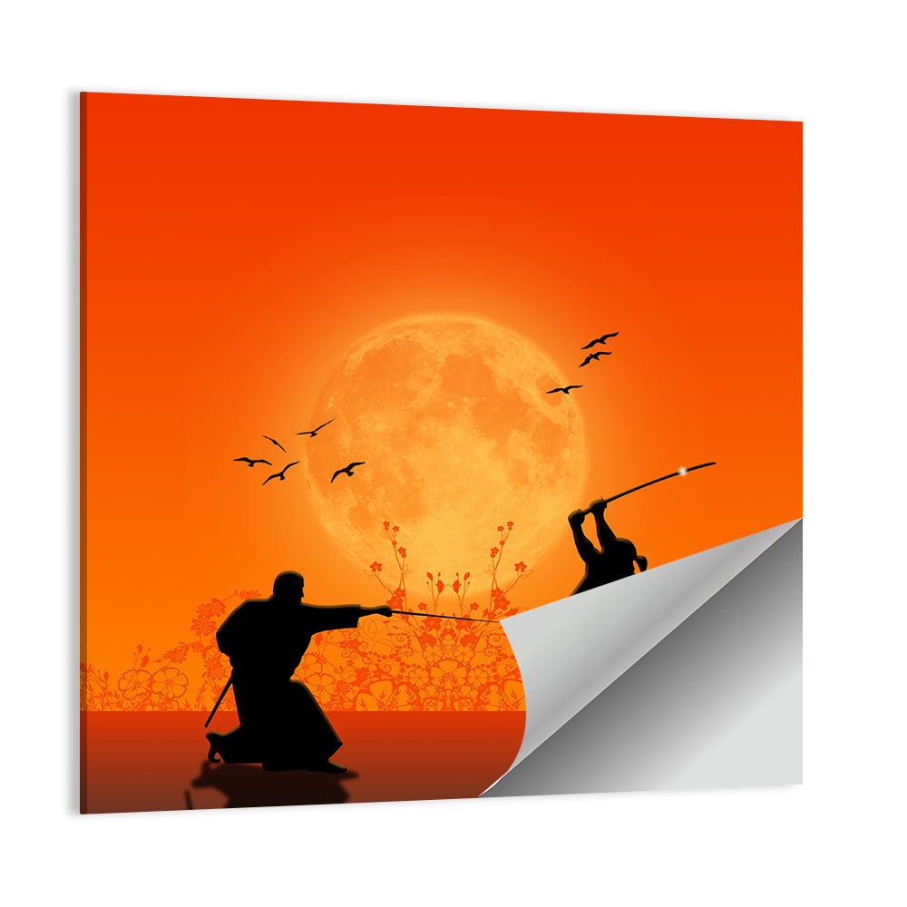 Moonlit Samurai Duel Wall Art, poster print, square