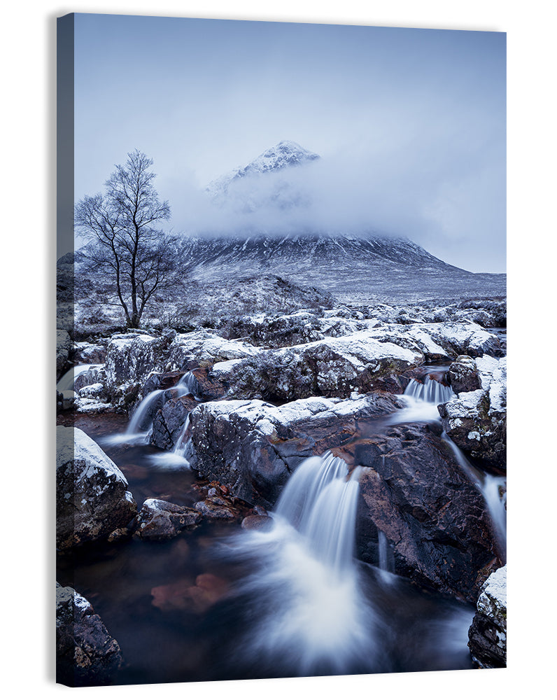 Buachaille Etive Mòr Winter Waterfall Wall Art, canvas print, portrait