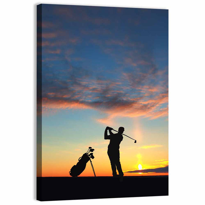 Sunset Golfer Silhouette Wall Art as a canvas print