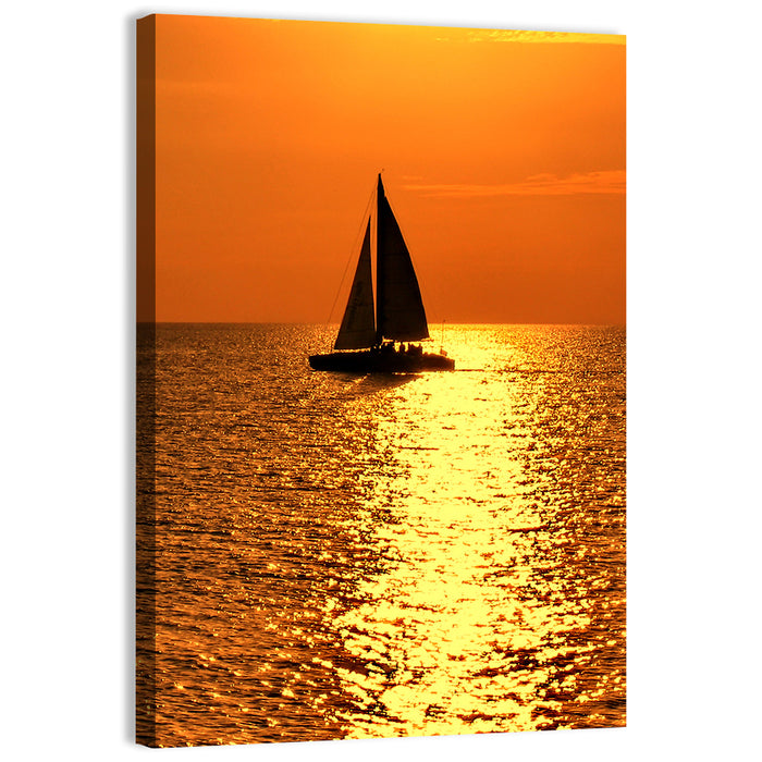 Sailboat Silhouette at Golden Sunset Wall Art as a canvas print
