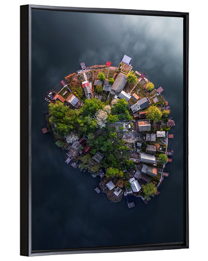 Aerial View of Lake Kavicsos Island Wall Art as a framed canvas