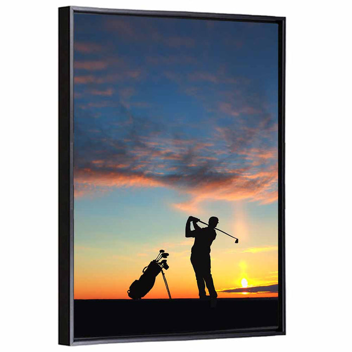 Sunset Golfer Silhouette Wall Art as a framed canvas