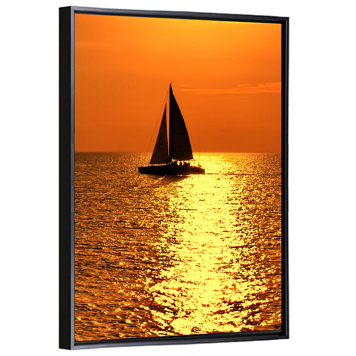 Sailboat Silhouette at Golden Sunset Wall Art as a framed canvas