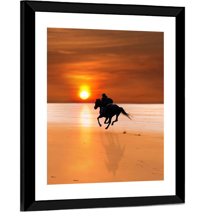 Horse and Rider at Sunset Wall Art as a framed print