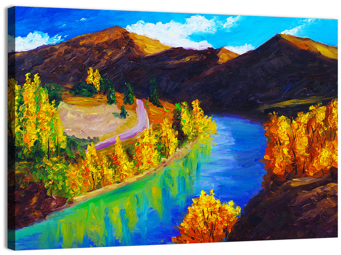 Autumn River Bend in the Mountains Wall Art as a canvas print