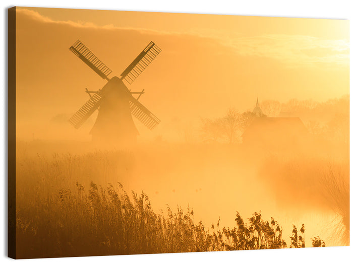 Golden Dutch Windmill Sunrise Wall Art as a canvas print