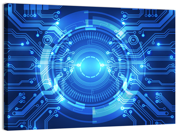 Glowing Circuit Core Wall Art as a canvas print