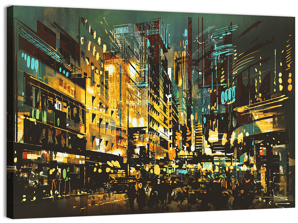 Nocturnal City Street with Golden Lights Wall Art, canvas print, landscape