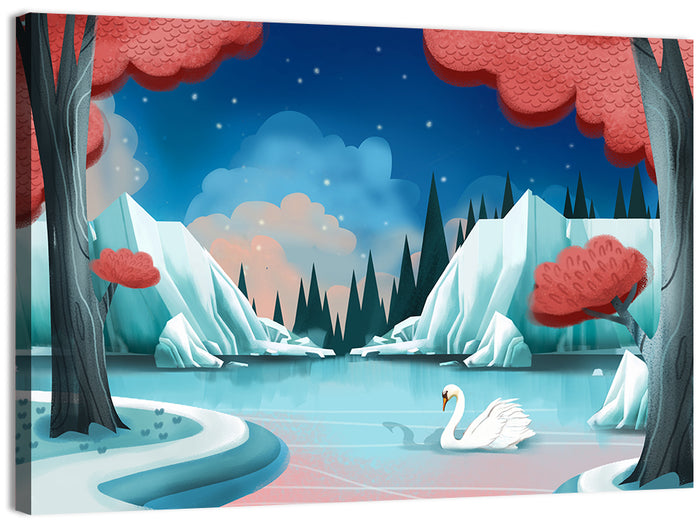 Swan Lake Twilight Illustration Wall Art as a canvas print