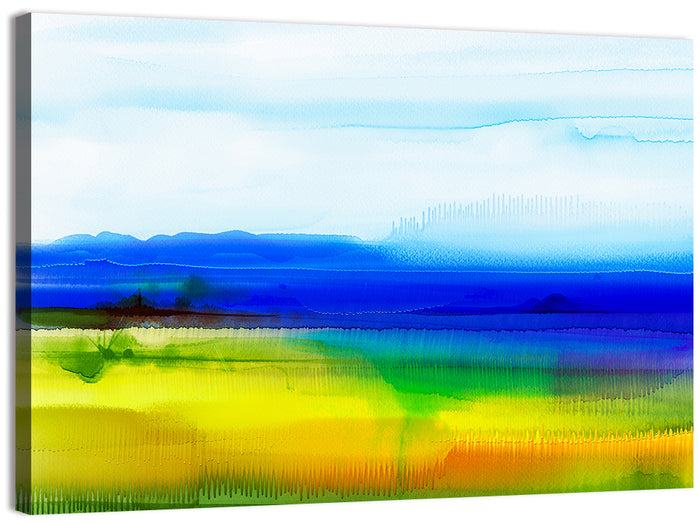 Watercolor Field with Mountains Wall Art as a canvas print