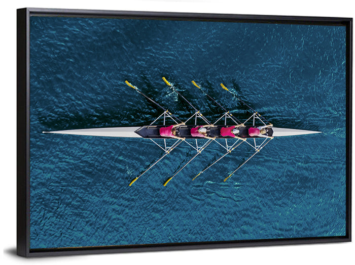 Four Rowers in Pink Shirts Wall Art as a framed canvas