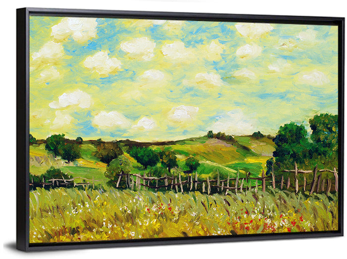 Rustic Farm Village Illustration Wall Art as a framed canvas