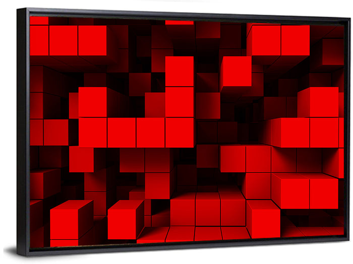 Crimson Cubes Geometric Pattern Wall Art as a framed canvas