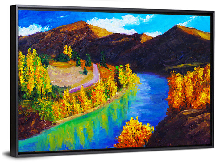 Autumn River Bend in the Mountains Wall Art as a framed canvas