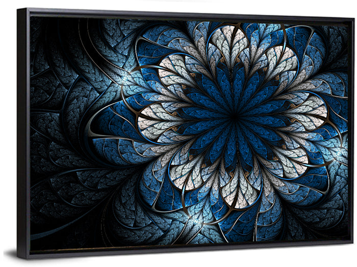 Blue Fractal Flower Wall Art as a framed canvas