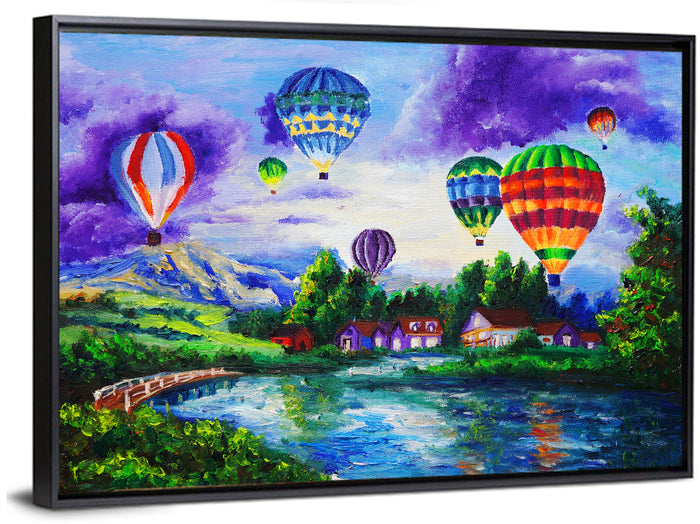 Vibrant Hot Air Balloons Over Lake Wall Art as a framed canvas