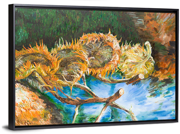 Four Sunflowers Over Water Wall Art as a framed canvas