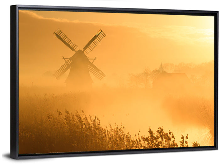 Golden Dutch Windmill Sunrise Wall Art as a framed canvas