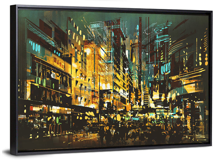 Nocturnal City Street with Golden Lights Wall Art as a framed canvas