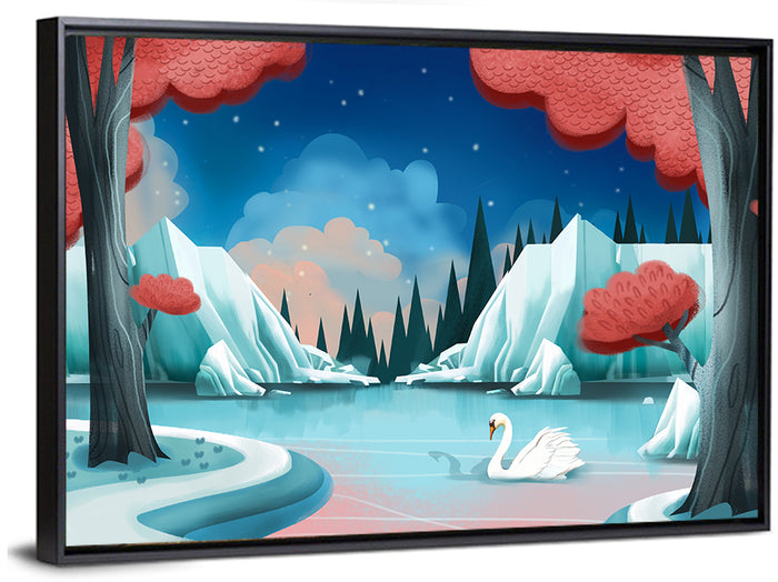 Swan Lake Twilight Illustration Wall Art as a framed canvas