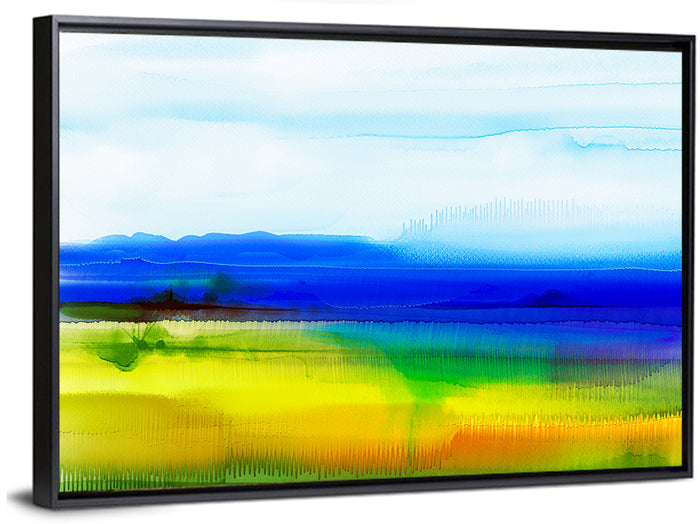 Watercolor Field with Mountains Wall Art as a framed canvas