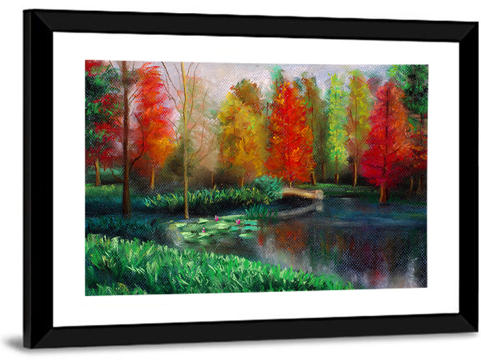 Autumn Pond with Water Lilies Wall Art as a framed print