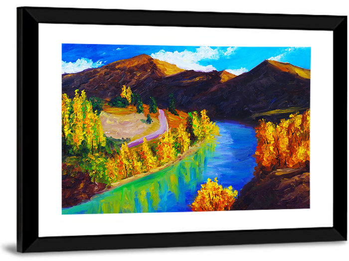 Autumn River Bend in the Mountains Wall Art as a framed print