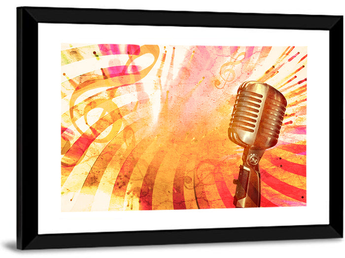Vintage Microphone Orange Burst Wall Art as a framed print