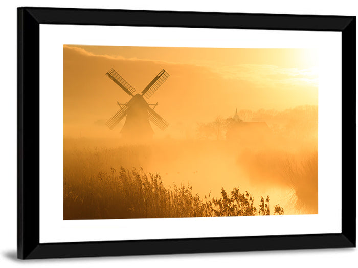 Golden Dutch Windmill Sunrise Wall Art as a framed print