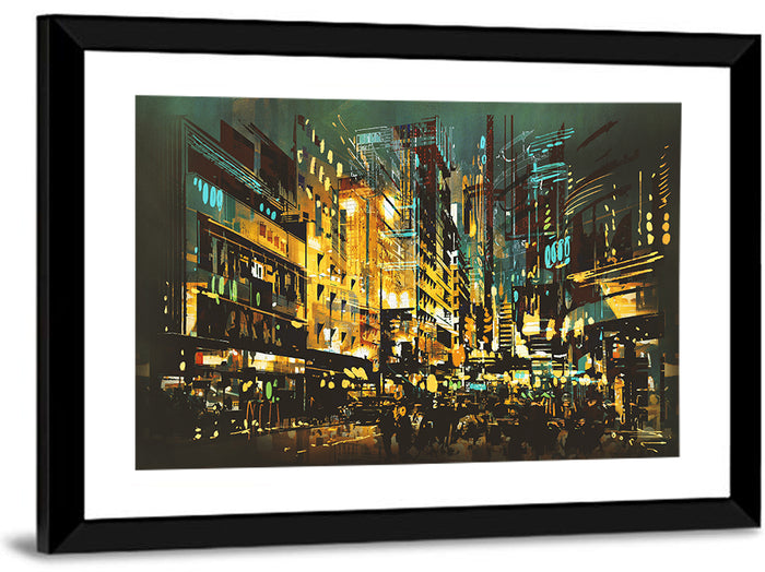 Nocturnal City Street with Golden Lights Wall Art as a framed print