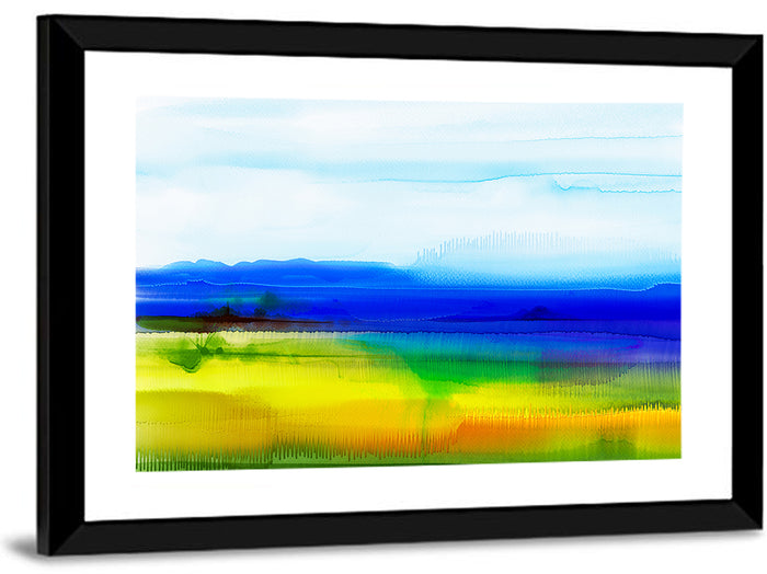 Watercolor Field with Mountains Wall Art as a framed print