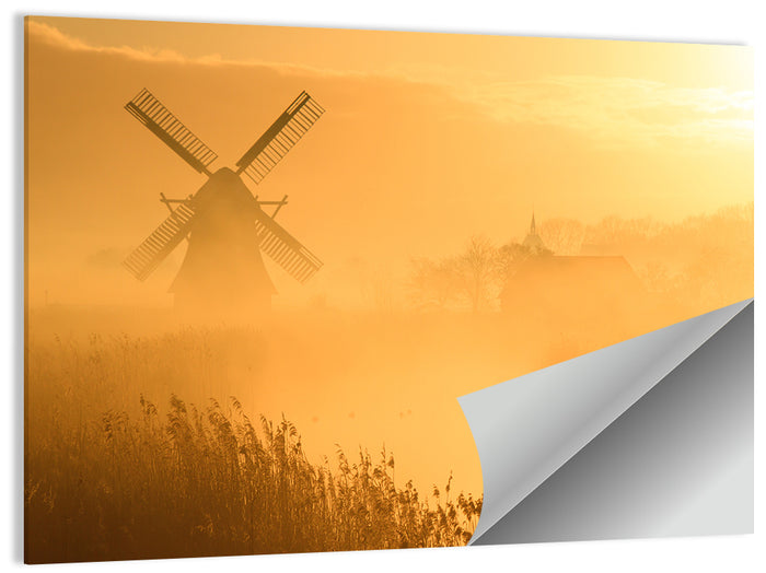 Golden Dutch Windmill Sunrise Wall Art as a poster print