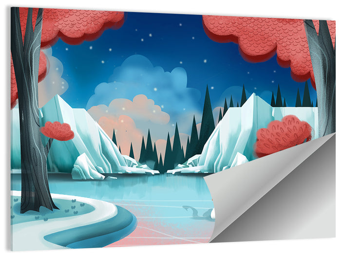 Swan Lake Twilight Illustration Wall Art as a poster print