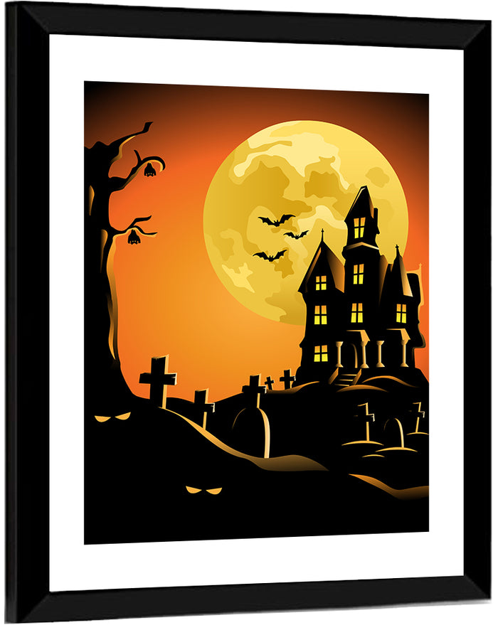 Haunted House Under Full Moon Wall Art as a framed print