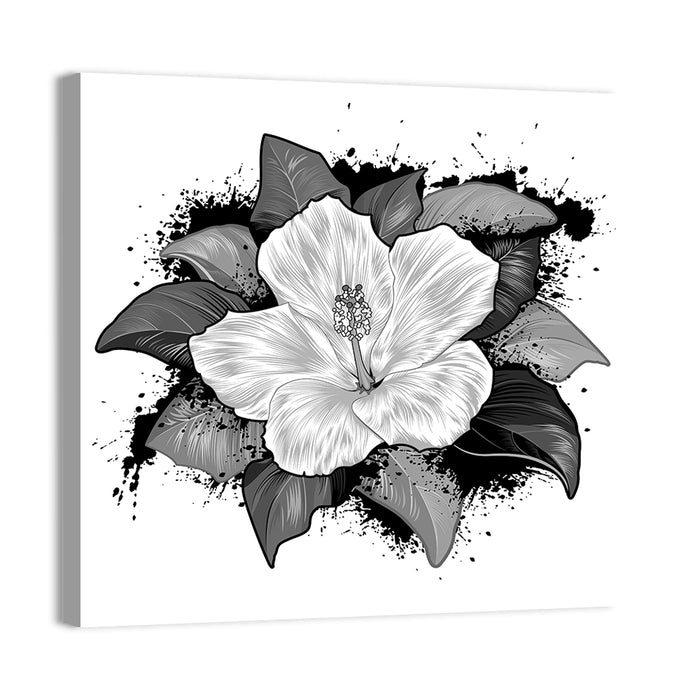 Ink Splatter Hibiscus Illustration Wall Art as a canvas print