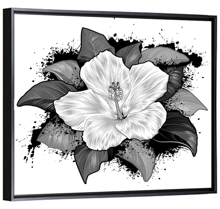 Ink Splatter Hibiscus Illustration Wall Art as a framed canvas