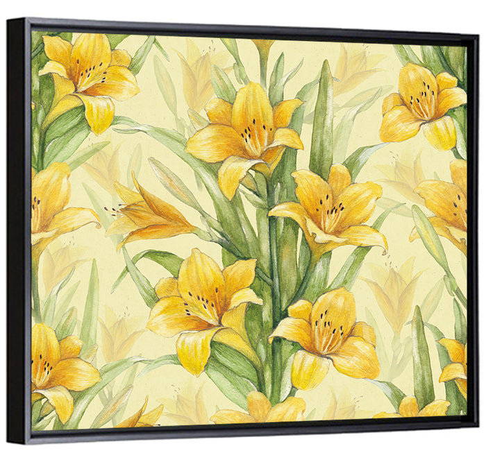 Hand-painted Yellow Lily Pattern Wall Art as a framed canvas