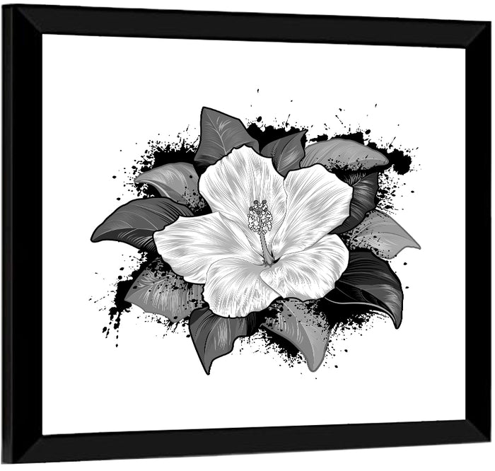 Ink Splatter Hibiscus Illustration Wall Art as a framed print