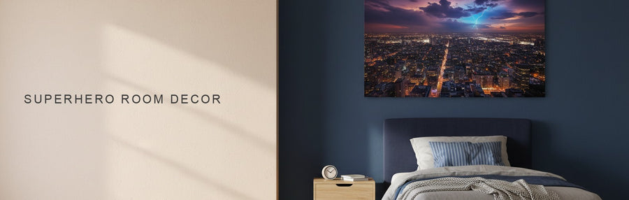 Superhero room decor in a boys bedroom with a navy wall and a twin bed beneath a city skyline at night canvas under a dramatic sky