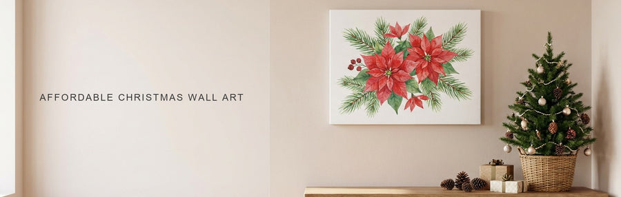 Affordable Christmas wall art on a cozy entryway console beside a small tree: a watercolor of red poinsettias and pine branches
