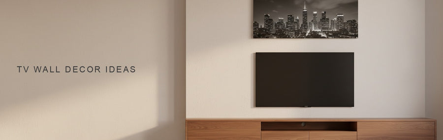 TV wall decor ideas in a living room: a wall mounted TV above a low walnut console with a black and white city skyline canvas beside it