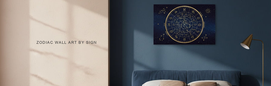 Zodiac wall art in a moody bedroom with deep blue walls and a brass lamp, a gold zodiac constellation chart on midnight blue