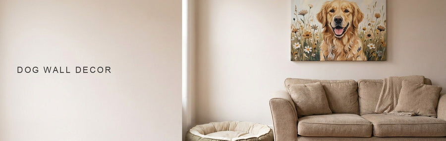 Dog wall decor in a pet friendly living room: a playful painted golden retriever canvas above a sofa with a dog bed beside it
