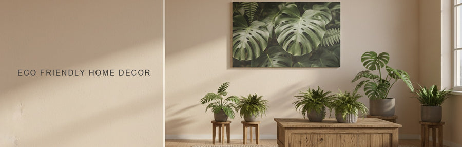 Eco friendly home decor in a bright living room with houseplants, a reclaimed wood table and a green monstera and fern canvas