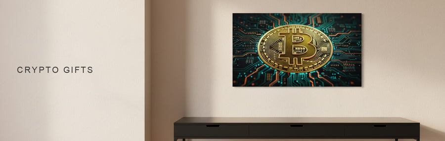 Crypto gifts in a modern home office with a black desk: a golden bitcoin on a dark circuit board canvas behind the desk